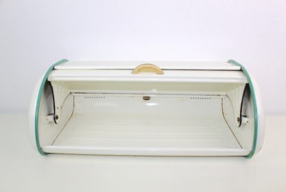 Emaillierter Brotkasten | weiß | grün | gelber Griff | Vintage | shabby – Bild 7
