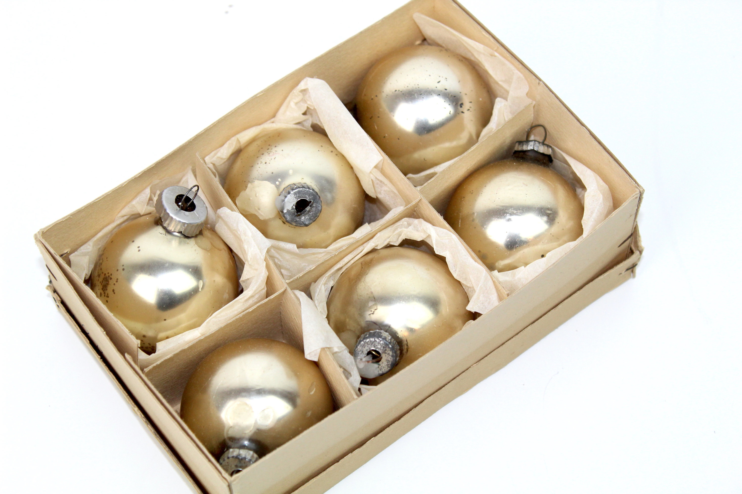 6 antike Weihnachtsbaumkugeln | Glas mit Metallverschluss | perlmutt