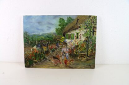 Gemälde auf Leinwand "Frau mit Hühnern im Bauerngarten" | vintage – Bild 4