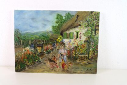 Gemälde auf Leinwand "Frau mit Hühnern im Bauerngarten" | vintage – Bild 2