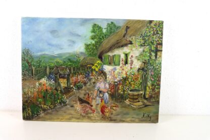 Gemälde auf Leinwand "Frau mit Hühnern im Bauerngarten" | vintage