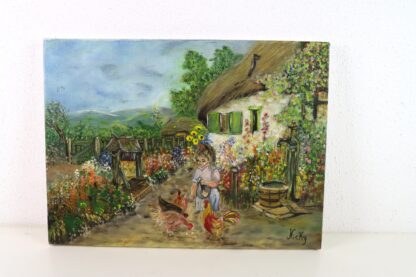 Gemälde auf Leinwand "Frau mit Hühnern im Bauerngarten" | vintage – Bild 3