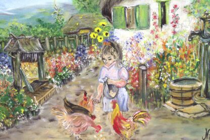 Gemälde auf Leinwand "Frau mit Hühnern im Bauerngarten" | vintage – Bild 5