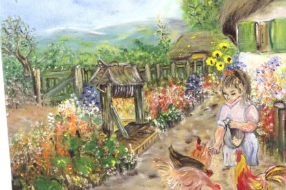 Gemälde auf Leinwand "Frau mit Hühnern im Bauerngarten" | vintage – Bild 6